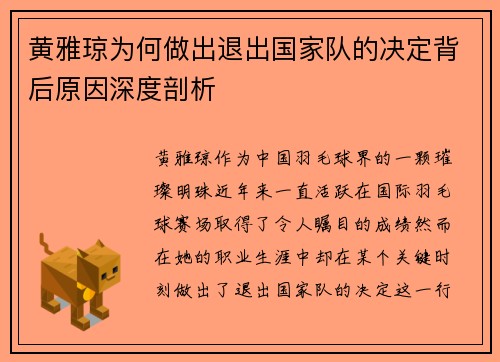 黄雅琼为何做出退出国家队的决定背后原因深度剖析 黄雅琼为何做出退出国家队的决定背后原因深度剖析
