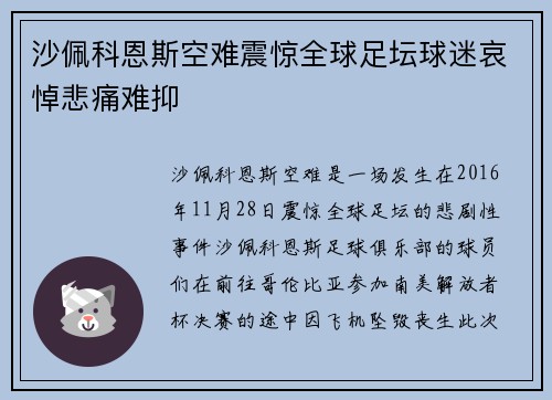 沙佩科恩斯空难震惊全球足坛球迷哀悼悲痛难抑