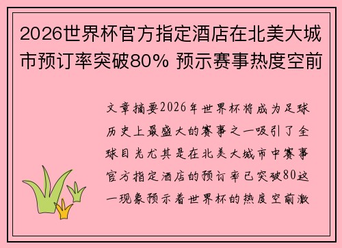 2026世界杯官方指定酒店在北美大城市预订率突破80% 预示赛事热度空前 2026世界杯官方指定酒店在北美大城市预订率突破80% 预示赛事热度空前
